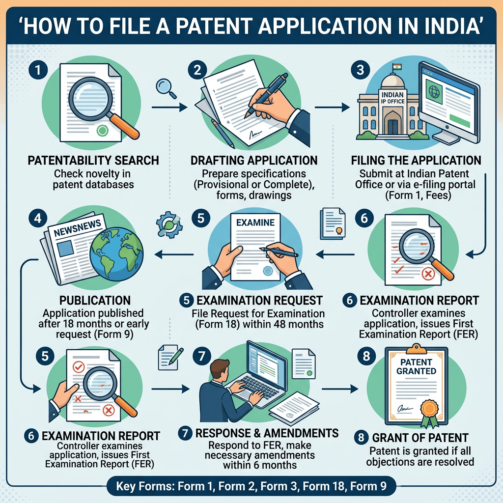 Infographic titled “HOW TO FILE A PATENT APPLICATION IN INDIA” showing patentability search, drafting, filing, publication, examination, response, and patent grant; key forms are 1, 2, 3, 18, and 9.