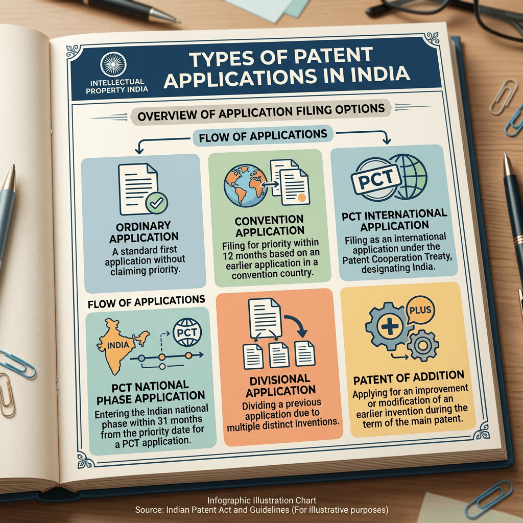 Infographic titled Types of Patent Applications in India, showing ordinary, convention, PCT international, PCT national phase, divisional, and patent of addition applications.