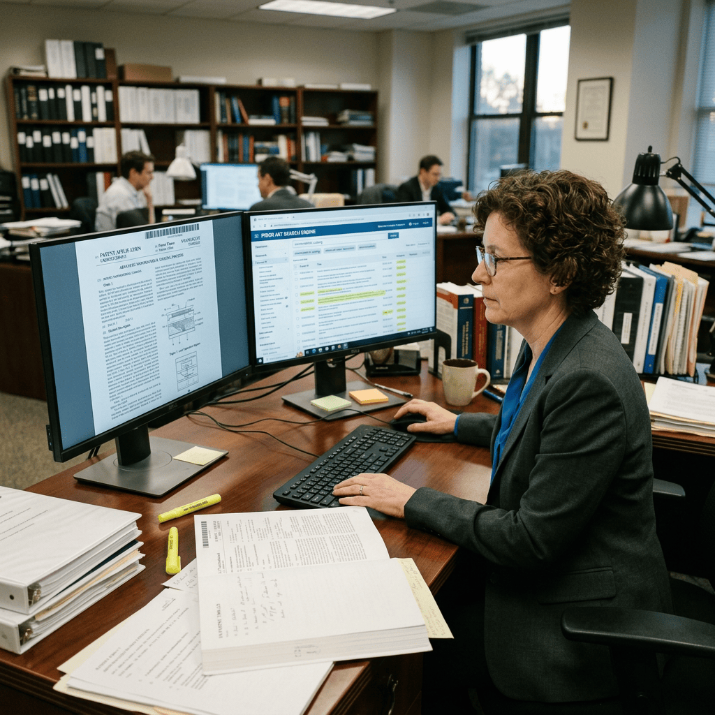 Legal professional reviewing documents and research databases on dual monitors