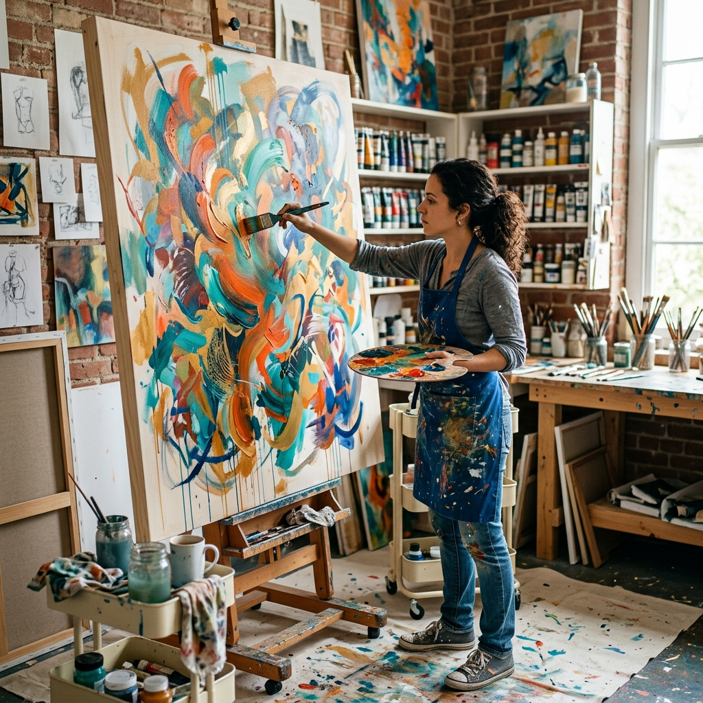 Artist painting a colorful abstract canvas in a studio