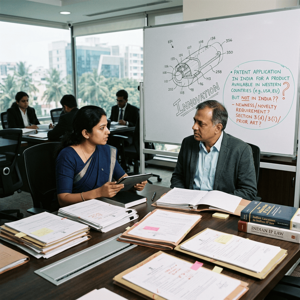 Two legal professionals discuss patent documents beside a whiteboard about Indian patent law