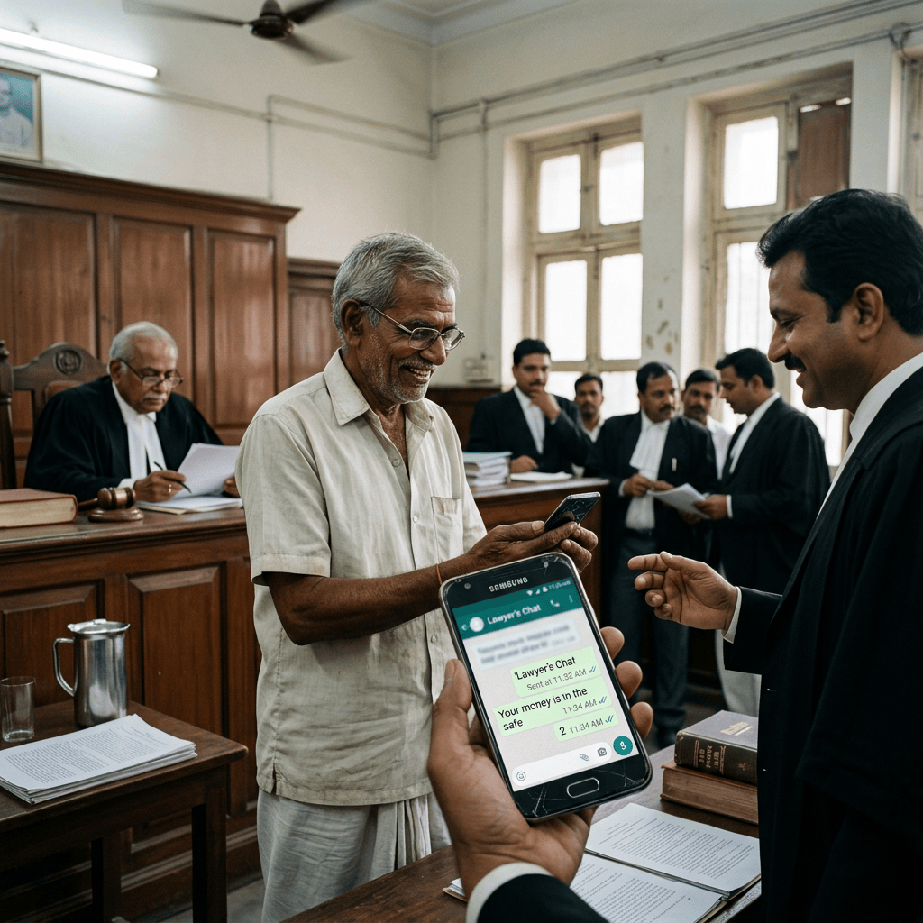 Smartphone showing a lawyer’s chat beside people gathered in a courtroom