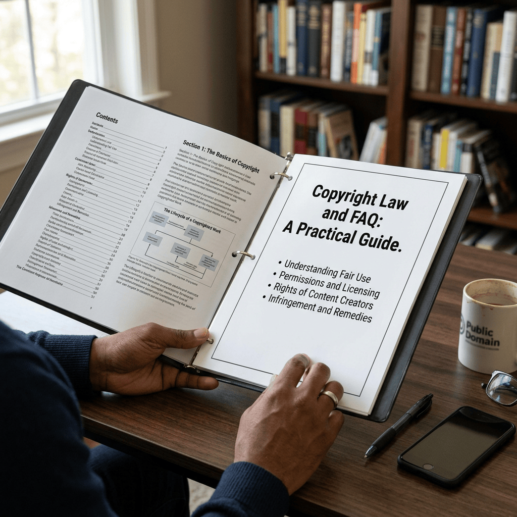 Binder page titled "Copyright Law and FAQ: A Practical Guide" with bullets "Understanding Fair Use," "Permissions and Licensing," "Rights of Content Creators," and "Infringement and Remedies."