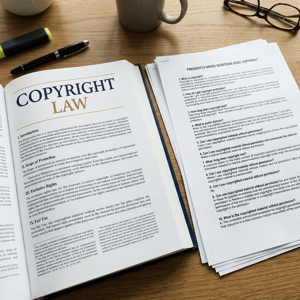 Open copyright law book beside frequently asked questions about copyright