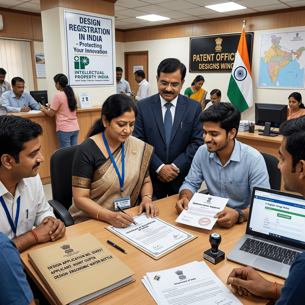 Indian design registration office with officials, applicants, Indian flag, and text "DESIGN REGISTRATION IN INDIA" and "PATENT OFFICE DESIGNS WING"