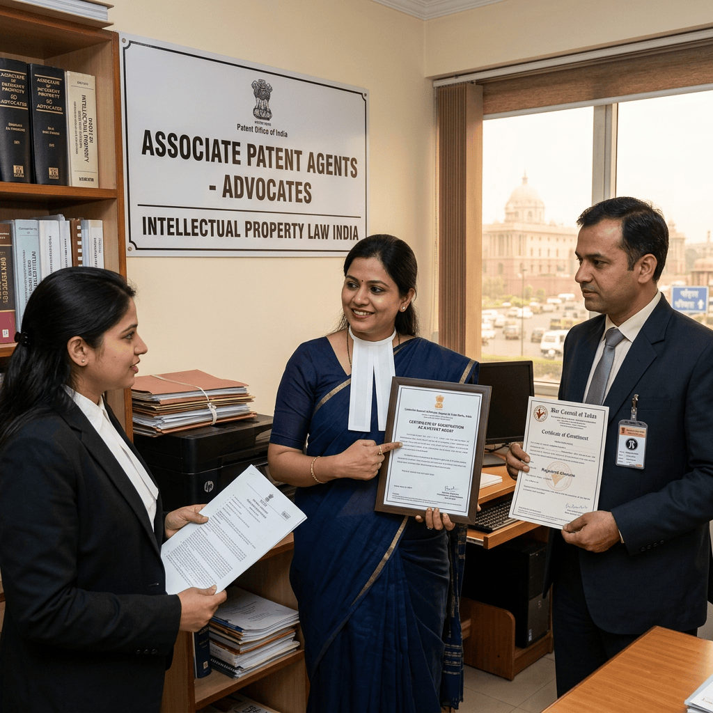 Three legal professionals displaying certificates beneath an Associate Patent Agents Advocates sign