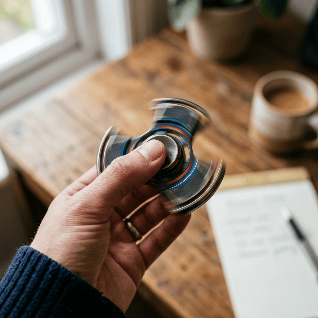 Hand holding a colorful spinning fidget spinner over a wooden desk