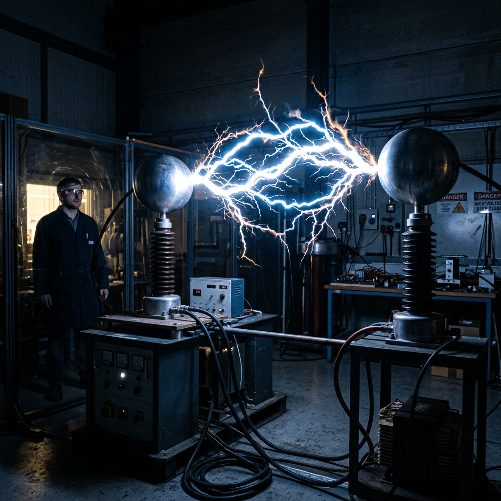 Electrical arc jumping between two spherical electrodes in a laboratory