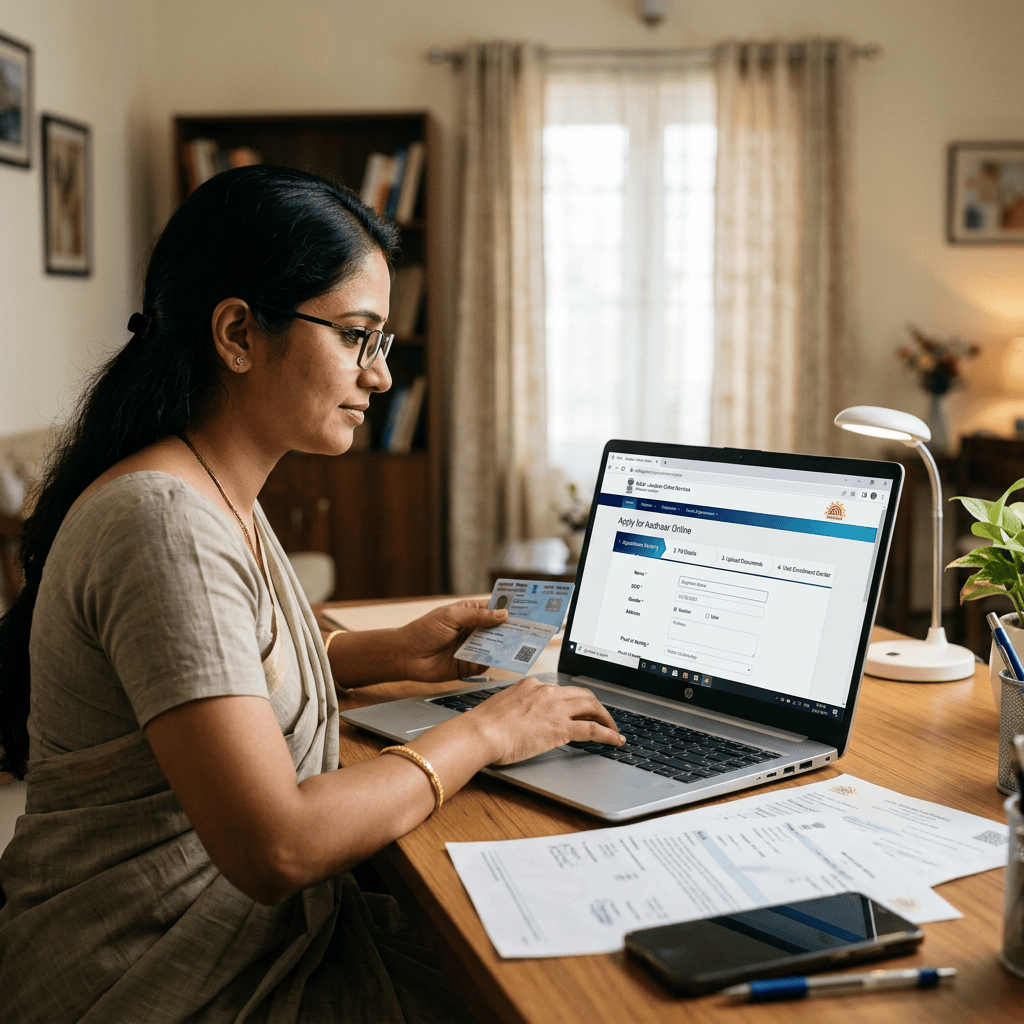 Woman applies for Aadhaar online while holding an identification card