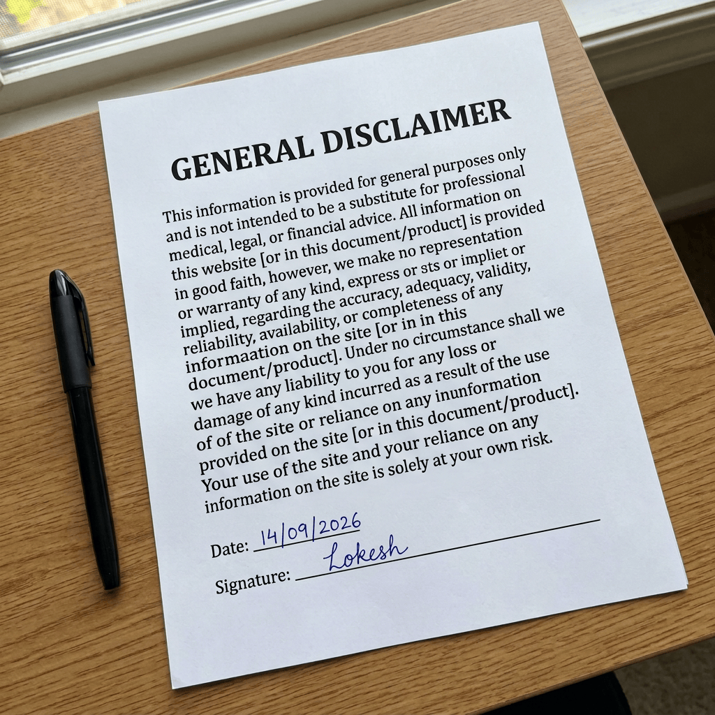 GENERAL DISCLAIMER. This information is provided for general purposes only and is not intended to be a substitute for professional medical, legal, or financial advice. All information on this website [or in this document/product] is provided in good faith, however, we make no representation or warranty of any kind, express or implied, regarding the accuracy, adequacy, validity, reliability, availability, or completeness of any information on the site [or in this document/product]. Under no circumstance shall we have any liability to you for any loss or damage of any kind incurred as a result of the use of the site or reliance on any information provided on the site [or in this document/product]. Your use of the site and your reliance on any information on the site is solely at your own risk. Date: blank. Signature: blank.