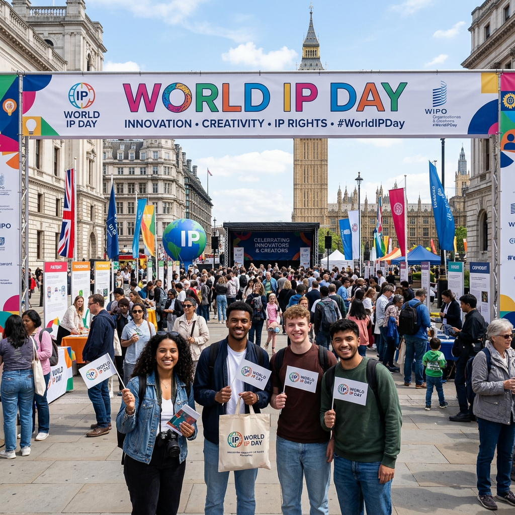 World IP Day event with crowds, flags, and Big Ben in London